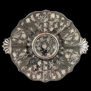 Vtg Fostoria Baroque Fleur de Lis Glass Plate Floral Chintz Scalloped Handles